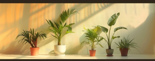four plants in different styles, two on the floor and one in a vase, in the style of tropical landscapes