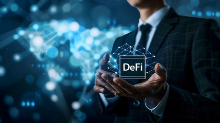 Digital cube with word “DeFi”, decentralized finance, financial services without the involvement of intermediaries, financial centers or banks