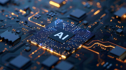 word “AI” on digital network board, artificial Intelligence new technology that uses data to work in place of humans helps increase speed and efficiency in work - obrazy, fototapety, plakaty
