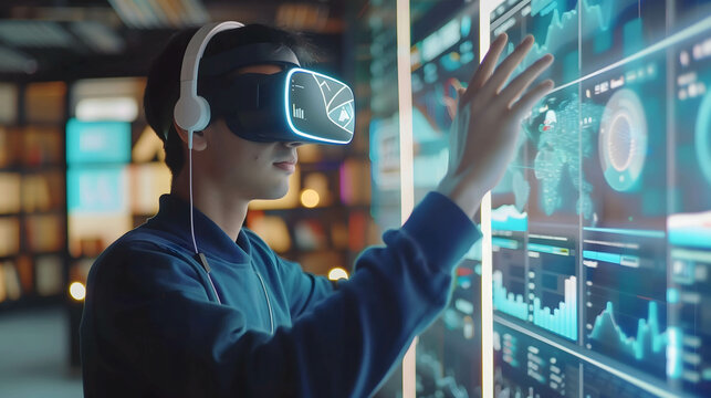 young man wear virtual reality touching digital screen for working, investing, trading, play game