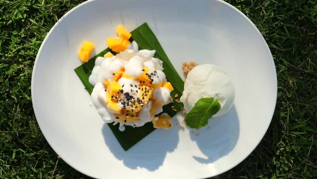 Tropical fruit dessert with mango and coconut ice cream on white plate over natural grass background. Gourmet sweet dish presentation with touch of nature. Healthy food and lifestyle.