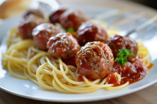meatballs with sauce and spaghetti on a white plate