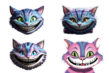 Head of a Cheshire cat with a smile. Concept - toys, fairy tales. Illustration of stickers on a transparent background. Design element