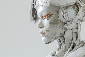 nerdy human body in a robotic suit, in the style of feminine sculpture, elegant, emotive faces, white and silver