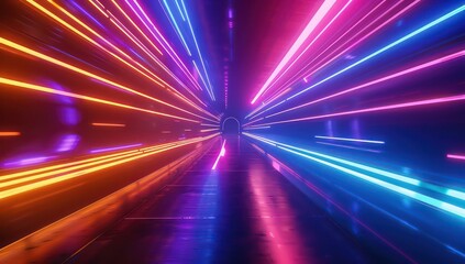 neon lights and light streams in a dark background, orange and blue, light magenta