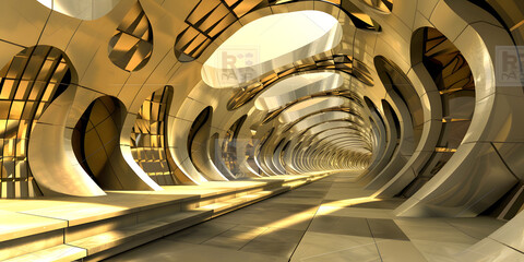 Modern corridor with a futuristic design, featuring golden tones and reflective surfaces