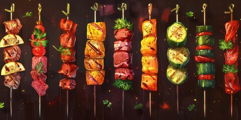Fototapeta premium skewers with meat, vegetables and herbs