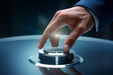 Businessman hand pressing a digital smart button on a screen during a business meeting, actively engaging with a technological device. Generative AI.