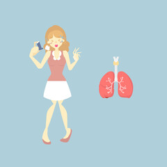 Woman with bronchodilator(asthma inhaler) and lungs, internal organs anatomy body part nervous system, health care concept, vector illustration cartoon flat design clip art