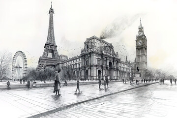 World landmarks travel illustration - Eiffel tower, Big Ben, Europe, France, UK