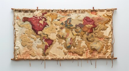 this map is hanging on a wall, light maroon and light amber