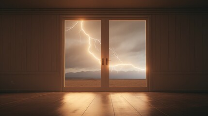 View from a large window a thunder storm with a bright lightning strike at night.