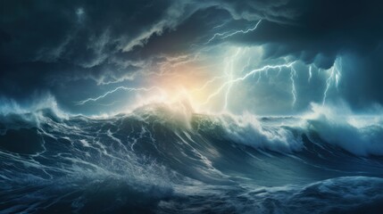 Bright lightning strike over sea tide in a thunderstorm at night.