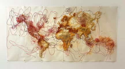 this map is hanging on a wall, light maroon and light amber