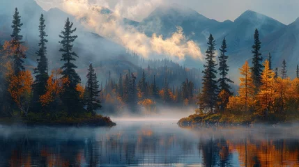 Glasschilderij Mistig bos Misty landscape of fir forest in Canada