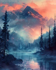Afwasbaar Fotobehang Jeansblauw Misty landscape of fir forest in Canada