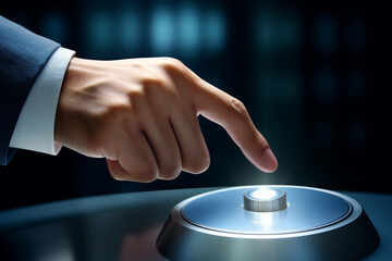 Businessman hand pressing a digital smart button on a screen during a business meeting, actively engaging with a technological device. Generative AI.