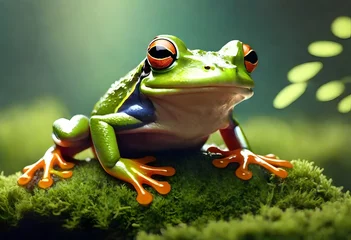 Deurstickers Gliding frog look like laughing on moss, Flying frog laughing, animal closeup, Gliding frog (Rhacophorus reinwardtii) sitting on moss, Indonesian tree frog.AI generated © Muhammad