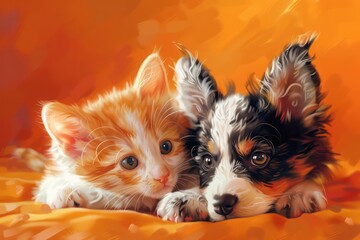 two cat and dog on orange background