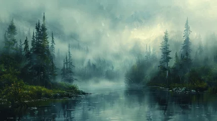 Foto op Plexiglas Mistig bos Misty landscape of fir forest in Canada