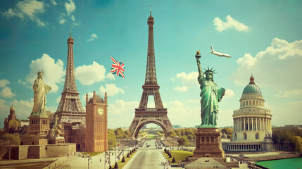 World landmarks travel illustration - Eiffel tower, Big Ben, Liberty statue, USA, Europe, France, UK London