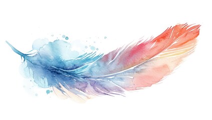 watercolor floral feather with watercolor background, in the style of light red and dark cyan, soft edges and blurred 