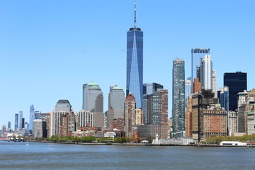 New York City Manhattan skyline with One World Trade Center Tower or Freedom Tower over Hudson River viewed from New Jersey