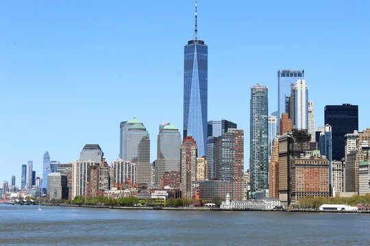 New York City Manhattan skyline with One World Trade Center Tower or Freedom Tower over Hudson River viewed from New Jersey