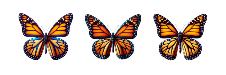 Set of beautiful Monarch Butterfly cut out, illustration, isolated over on transparent white background