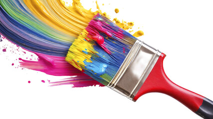 Paint brush with colorful paint strokes isolated on transparent background. Top view
