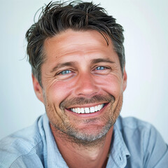 Fototapeta premium Headshot of a man smiling. Dental, Hair studio, business ad. White isolated background