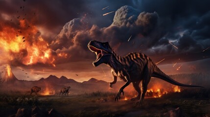 Dinosaur in fire flame in a burning forest. Photorealistic.