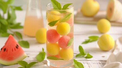 Refreshing melon ball drink in a glass with watermelon and cantaloupe, mint leaves, and ice, suitable for summer, healthy lifestyle, or beverage concepts.
