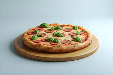 Pizza on wooden board against soft background - Ai Generated