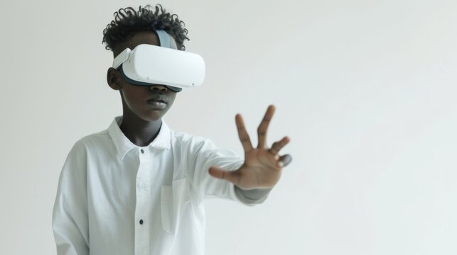 Young child with afro hair in white outfit experiences virtual reality with a VR headset, concept of educational content on VR