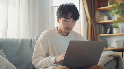Asian young male content creator using a laptop working in the living room - obrazy, fototapety, plakaty
