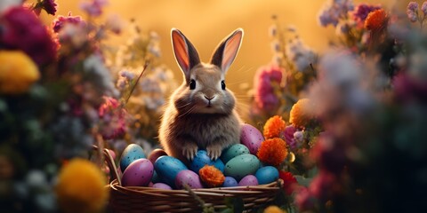 Fototapeta na wymiar A whimsical scene of a giant bunny adding colorful eggs to a basket amidst blooming flowers in a serene spring setting. Concept Nature Photography, Spring Vibes, Whimsical Art, Giant Bunny