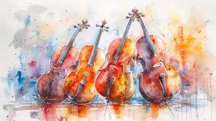 Stringed instruments in watercolor musics graceful form - obrazy, fototapety, plakaty