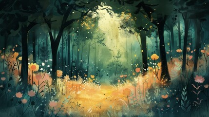 Whimsical watercolor woodlands a fantasy forest come to life - obrazy, fototapety, plakaty