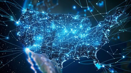 Digital map of the USA with glowing connections, symbolizing networking, communication, and technology.