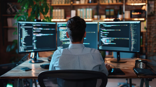 male programmer wearing white shirt writing program code