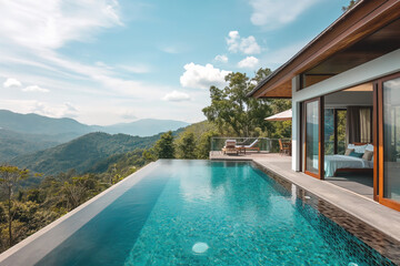Luxury villa with a swimming pool in a tropical country, on a beautiful sunny day, picturesque scenic - obrazy, fototapety, plakaty
