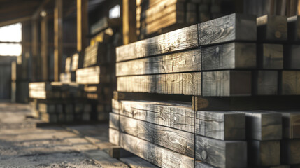 Stacked wooden beams in the warehouse
