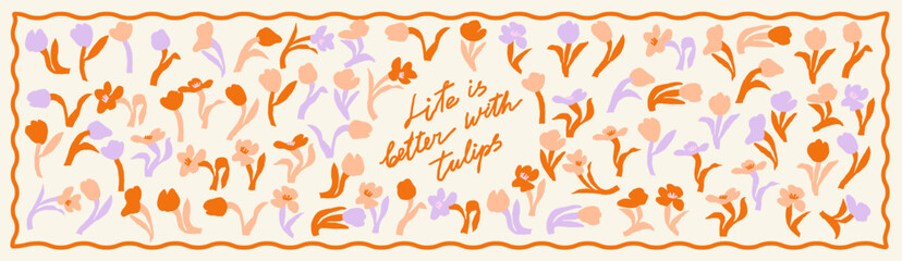Set of tulip flowers, modern boho style