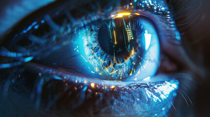 Close-up of a human eye with futuristic cybernetic implants.