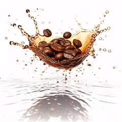 coffee beans splashing into a cup of coffee