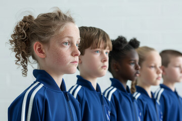Obraz premium Schoolchildren in blue sports uniforms, a modern concept of a physical education lesson