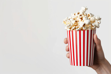 Hand Holding Striped Popcorn Cup Over White Background