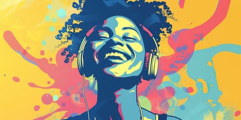 Detailed view of a person listening to music, with headphones around their neck and a joyful expression , concept of Joyful vibes