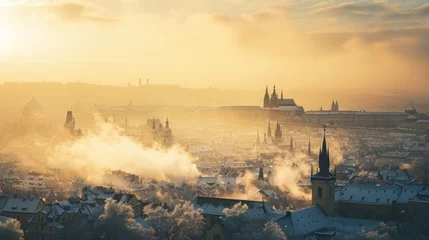 Gordijnen Beautiful historical buildings in winter with snow and fog in Prague city in Czech Republic in Europe. © Joyce